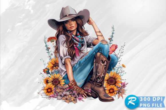 Cowgirl with Cowboy Boots Flowers PNG